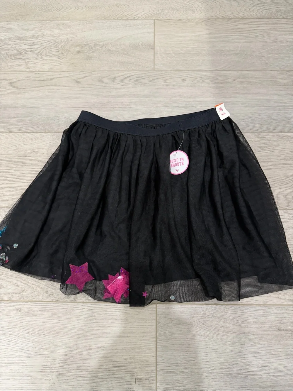 Justice Black Tulle Skirt with Pink Star Accents